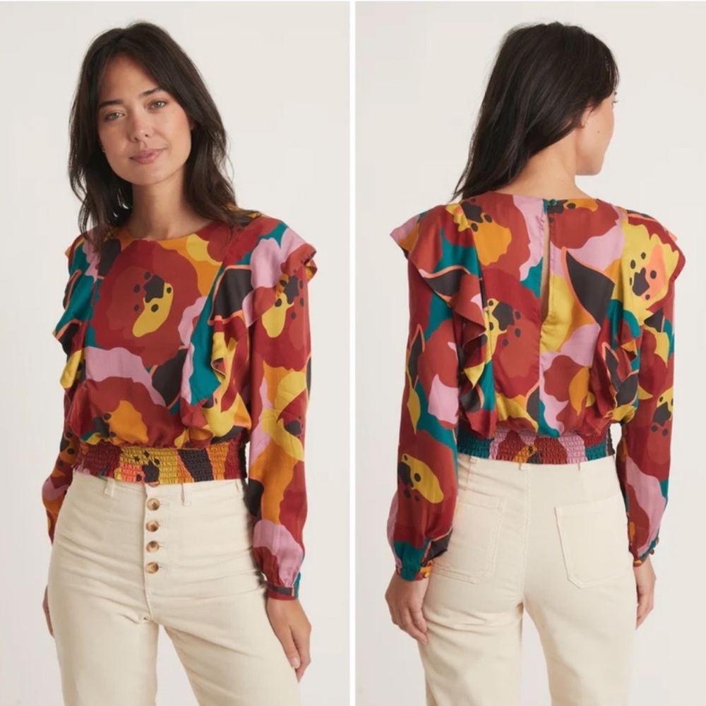 Marine Layer Bold Multicolor Floral Ruffle Blouse
